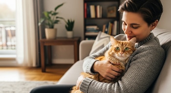 Persona adulta sentada en un sofá, abrazando un gato anaranjado. Al fondo se ven una ventana, una planta en una mesa y una estantería con libros.