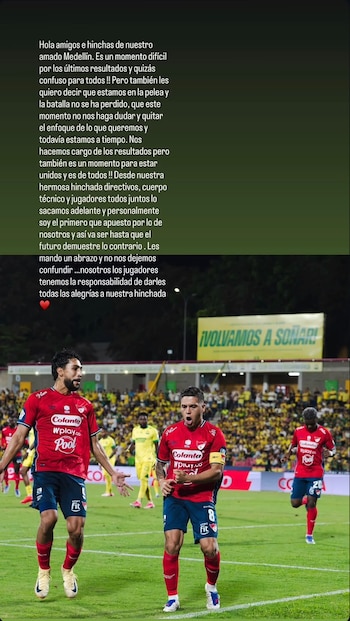 Juanfer Quintero envió un mensaje a los aficionados del Independiente Medellín y pidió mantener la confianza en los objetivos del equipo durante el cierre del campeonato -crédito juanferquinterop/Instagram