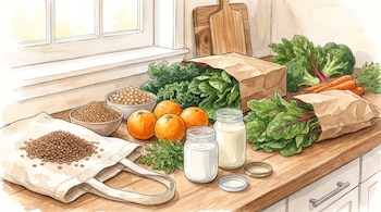 Ilustración en acuarela de lentejas, garbanzos, naranjas, frascos de lácteos y verduras variadas sobre una mesada de madera.