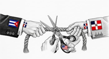 Dibujo a lápiz de dos manos sosteniendo una cuerda que una tercera mano con tijeras corta. Las manos muestran banderas de Cuba, República Dominicana y Estados Unidos.