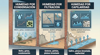 Una infografía muestra tres paneles: humedad por condensación (moho, gotas), humedad por filtración (grietas, goteras) y humedad por capilaridad (salitre, pintura levantada).