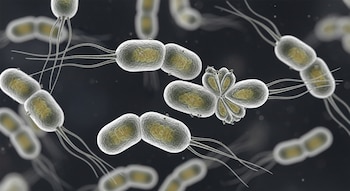 Representación microscópica de varias bacterias Vibrio con flagelos, algunas en proceso de división celular y una formando una agrupación circular de ocho.