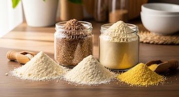 Cuatro montones de diferentes harinas sin gluten sobre una mesada de madera, con dos frascos de vidrio con harinas y una cuchara de madera.
