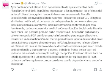 Respuesta de Latinus a la FGR. Crédito: X - Latinus