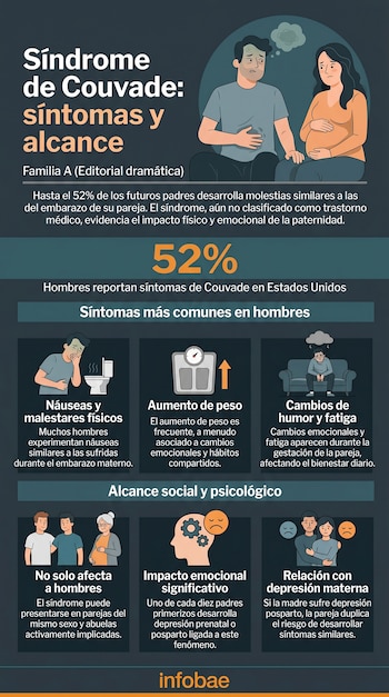 Infografía sobre el síndrome de Couvade. Muestra a una mujer embarazada y un hombre con náuseas, junto a iconos de síntomas como vómitos, balanza, depresión, y el alcance social.