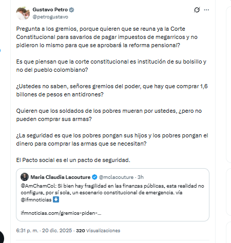 El presidente Gustavo Petro cuestionó a los gremios por recurrir a la Corte Constitucional para impedir el éxito de la declaratoria de emergencia económica - crédito @petrogustavo/X