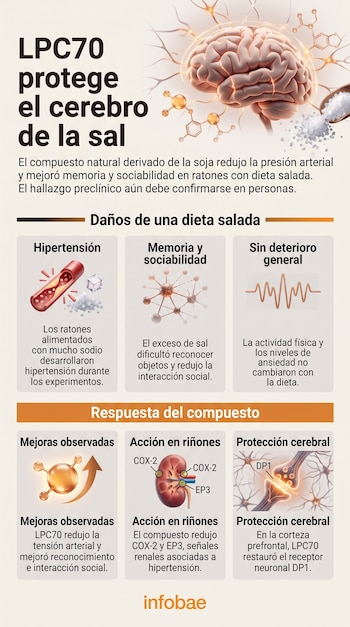 Infografía con ilustraciones de un cerebro humano, cristales de sal, un vaso sanguíneo, un riñón, sinapsis neuronales y bloques de texto.
