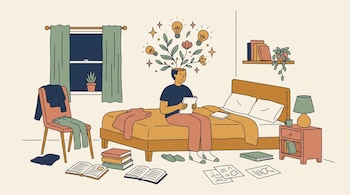 Ilustración de una persona sentada en la cama escribiendo en una libreta, con plantas y bombillas sobre su cabeza en un dormitorio.