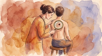 Ilustración de una doctora que examina con una lupa un lunar en la espalda de un paciente sentado.