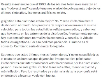 Fragmento del tuit de Javier Milei explicando la situación de la economía. (X/@jmilei)