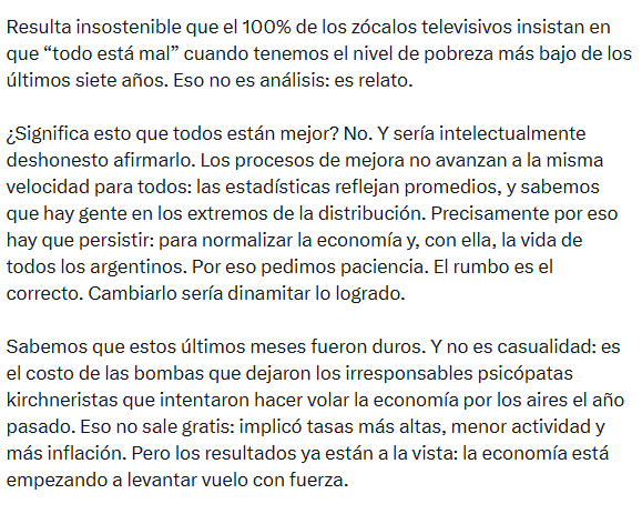 Fragmento del tuit de Javier Milei explicando la situación de la economía. (X/@jmilei)