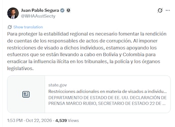 El subsecretario afirmó que las restricciones de visado buscan proteger la estabilidad regional y promover la rendición de cuentas por presuntos actos de corrupción - rédito @WHAAsstSecty/X
