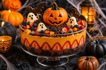 Postre en tazón de vidrio con capas de crema naranja, galleta y fresas, decorado con figuras de fantasmas, murciélagos y calabazas.