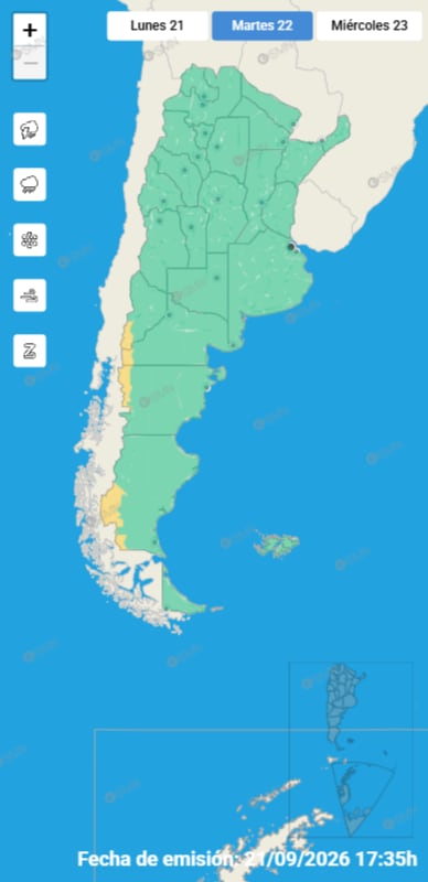 Las alertas amarillas del mapa del SMN se concentran en sectores de la Patagonia, asociadas al frente polar que avanzó desde el sur del continente