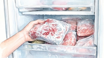 Ilustración en acuarela de una mano que introduce una bolsa con carne picada en un congelador lleno de paquetes de alimentos.