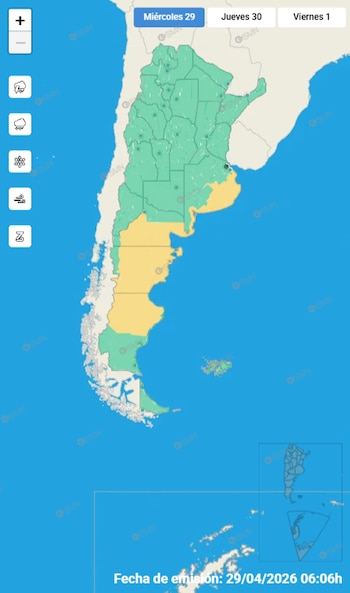 Mapa meteorológico de Argentina mostrando alertas de viento. Regiones en verde y amarillo indican diferentes niveles de advertencia de viento. El icono de viento está seleccionado