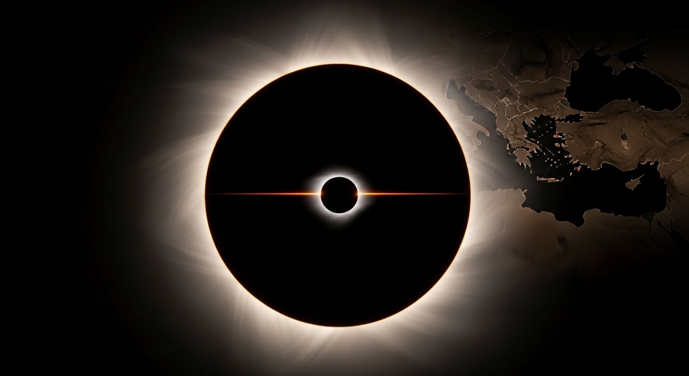 Esta ilustración visualiza el anticipado eclipse solar total de 2027, el más largo del siglo, mostrando su trayectoria sobre regiones de Europa, África y Oriente Medio. (Imagen Ilustrativa Infobae)