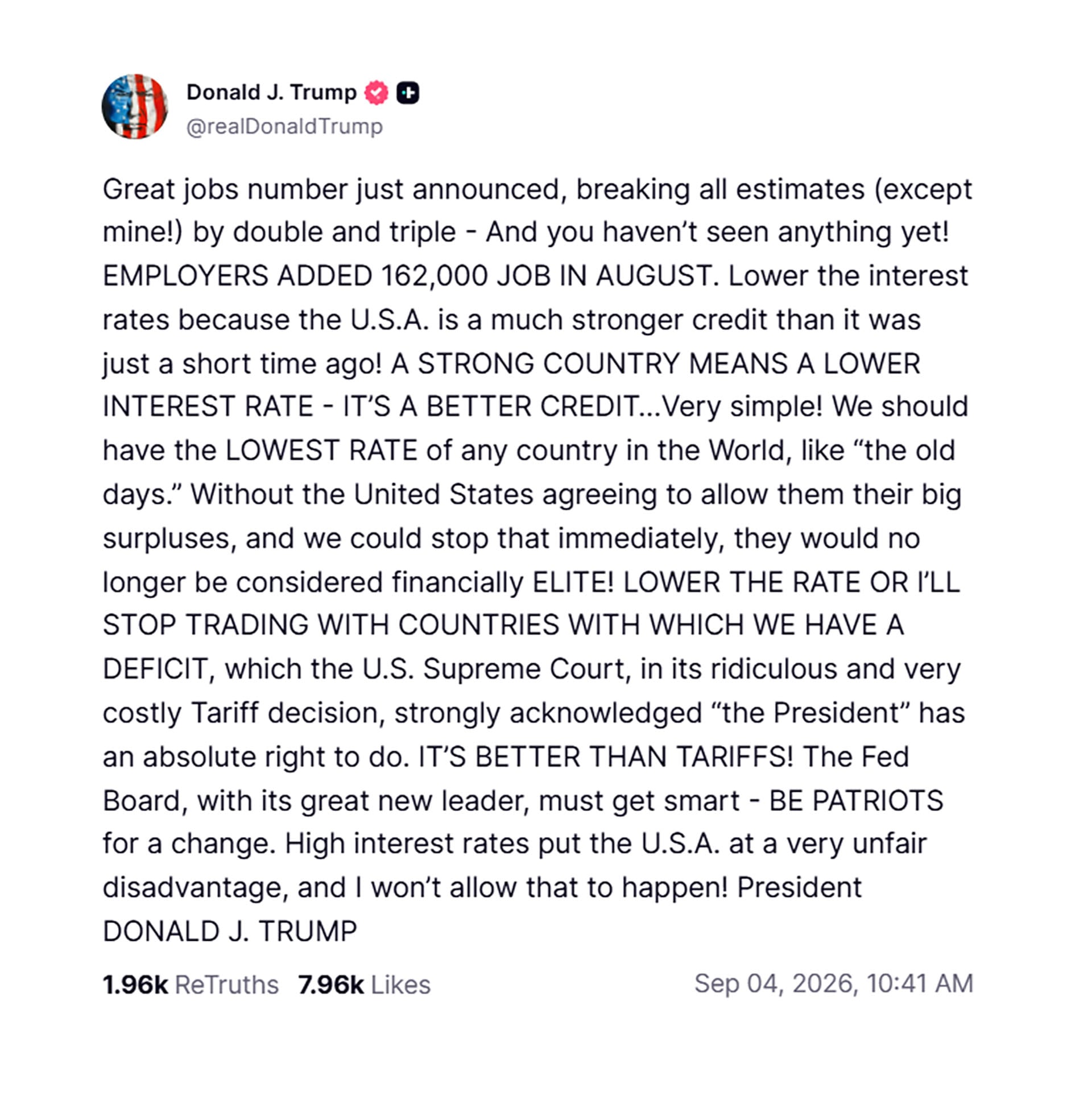 El mensaje de Donald Trump en la red Truth Social