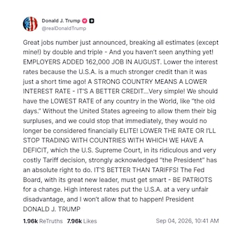 Texto de una publicación realizada por Donald J. Trump en la plataforma Truth Social sobre empleo y política económica