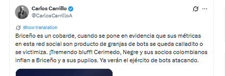 Carrillo afirmó que podría entregar un listado de las cuentas que, según él, impulsan el contenido de Briceño - @CarlosCarrilloA/X