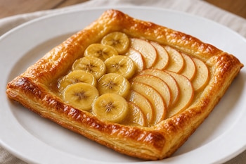 Tarta de hojaldre cuadrada con rodajas de plátano y manzana fileteada en la parte superior, colocada sobre un plato blanco.