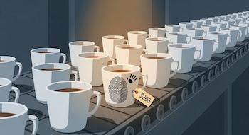 Cientos de tazas blancas idénticas en cinta transportadora; una taza destacada tiene huella dactilar, marca, y etiqueta de $200 bajo luz cálida.