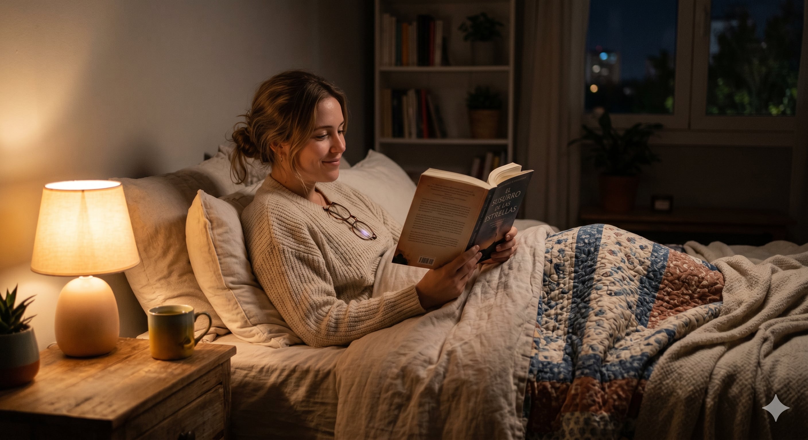 DEN-M disfruta de un momento de paz leyendo un libro en su cama, con una lámpara de noche encendida y un ambiente acogedor en su dormitorio. (Imagen Ilustrativa Infobae)