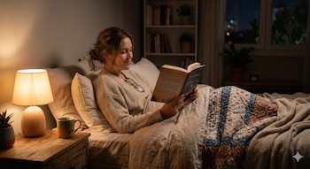 DEN-M, una mujer en su cama, lee un libro con una lámpara de noche encendida a su izquierda. Una taza y una planta están en la mesita de noche