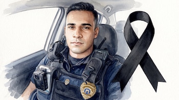 Ilustración de un policía vial uniformado sentado en una patrulla con un chaleco táctico, una cámara y una placa, junto a un lazo de luto negro.