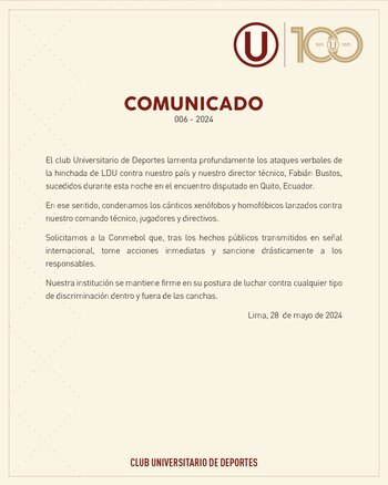 Comunicado de Universitario rechazando cánticos