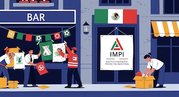 Ilustración de empleados retirando carteles de fútbol y guardando decoraciones en cajas frente a bares en Paseo de la Reforma, con un cartel del IMPI en la puerta.