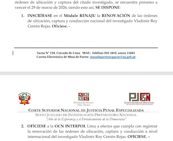 PJ renueva orden de captura contra Vladimir Cerrón.