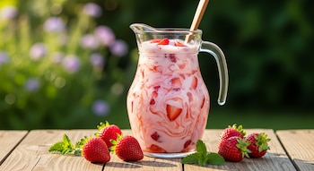 Un jarro de vidrio lleno de agua de fresa cremosa con trozos de fresa y una cuchara de madera, rodeado de fresas enteras y hojas de menta sobre una mesa de madera.