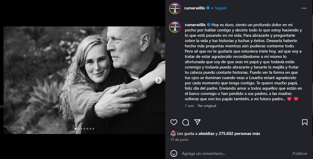 Rumer Willis le dedicó un emotivo mensaje a Bruce Willis por el Día del padre. (Instagram/ Rumer Willis)
