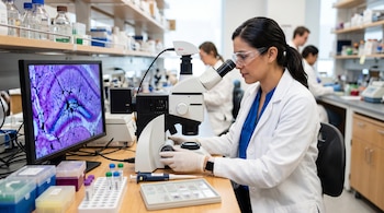 Una mujer con bata blanca y gafas protectoras manipula un microscopio frente a un monitor con muestras biológicas, tubos y portaobjetos.