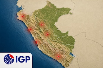 Mapa de Perú con círculos rojos concéntricos que marcan epicentros y el logotipo del Instituto Geofísico del Perú en la esquina inferior.
