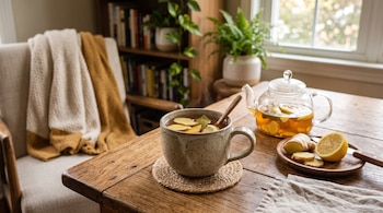 Taza de té con rodajas de jengibre y limón sobre una mesa, acompañada por una tetera de vidrio, jengibre entero y medio limón.