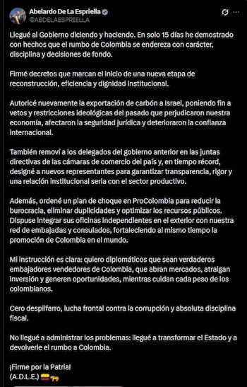 La reestructuración de ProColombia busca recortar gastos del Estado y concentrar la promoción comercial en la red diplomática, según afirmó el presidente Abelardo de la Espriella - crédito @ABDELAESPRIELLA/X
