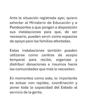 Publicación de Anel Bolo Flores, quien exhortó a Meduca y Pandeportes a poner sus instalaciones a disposición de las familias afectadas por el terremoto.