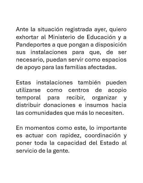 Publicación de Anel Bolo Flores, quien exhortó a Meduca y Pandeportes a poner sus instalaciones a disposición de las familias afectadas por el terremoto.