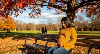 Una mujer embarazada con un suéter amarillo se sienta en un banco de madera en un parque de Estados Unidos, rodeada de hojas de otoño de colores brillantes bajo un cielo azul.