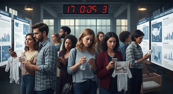 Varias personas adultas, hombres y mujeres, observan pantallas con gráficos de tasas de natalidad, algunas sostienen biberones y ropa de bebé. Un reloj digital y una cuna son visibles.