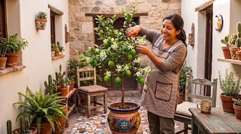 Una mujer con delantal usa tijeras para podar un árbol de cítricos en maceta en un patio con plantas y paredes de piedra.