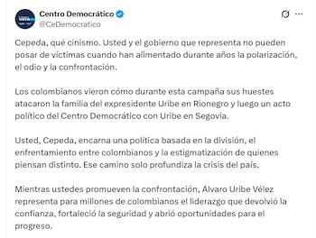 El Centro Democrático alertó que Iván Cepda encarna una política basada en la división - crédito CeDemocratico/X