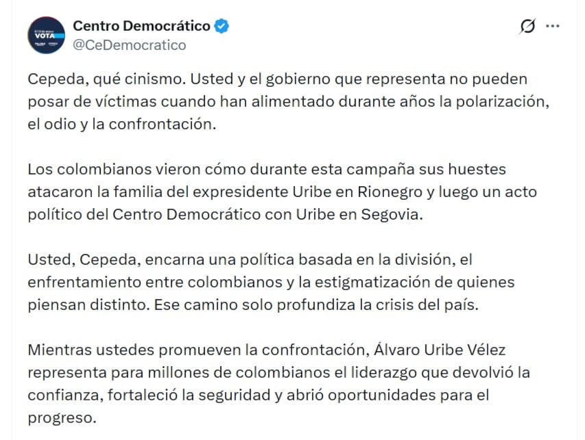 El Centro Democrático alertó que Iván Cepda encarna una política basada en la división - crédito CeDemocratico/X