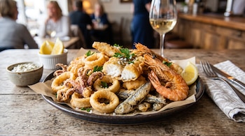 Plato con calamares, camarones y pescado frito junto a rodajas de limón, una copa de vino y cubiertos sobre una mesa de madera.