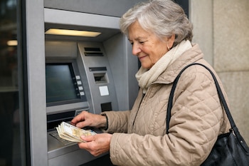Mujer adulta mayor con cabello gris y chaqueta beige, sosteniendo billetes de 50 euros mientras interactúa con un cajero automático en un entorno urbano.