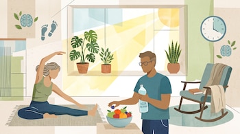 Ilustración de una mujer sobre una esterilla, un hombre con una botella de agua, un frutero, plantas en macetas, una mecedora y un reloj.