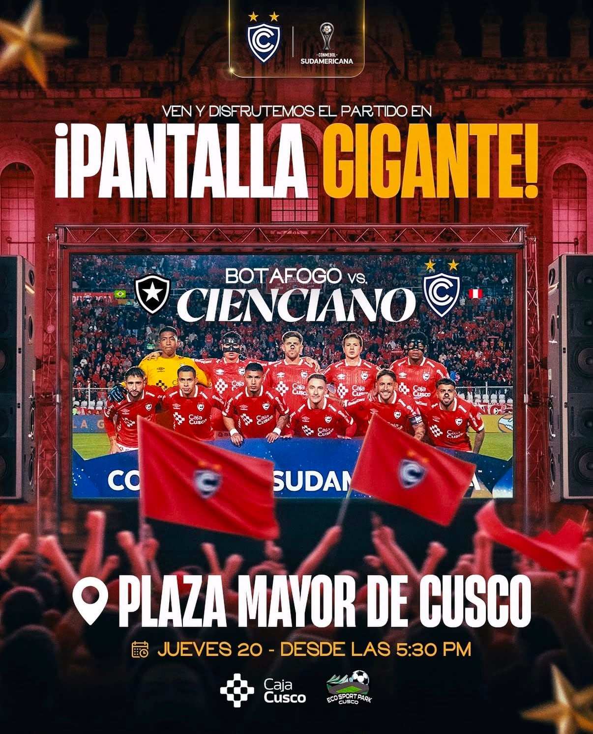 El partido de vuelta entre Cienciano y Botafogo será transmitido por pantalla gigante en la Plaza Mayor de Cusco.