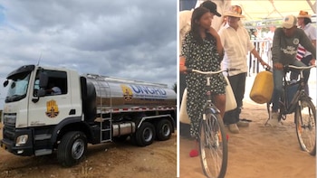 Unas bicicletas con bidones para llevar agua, entregó el presidente Petro en La Guajira. (Crédito: Ungrd / Presidencia de la República)